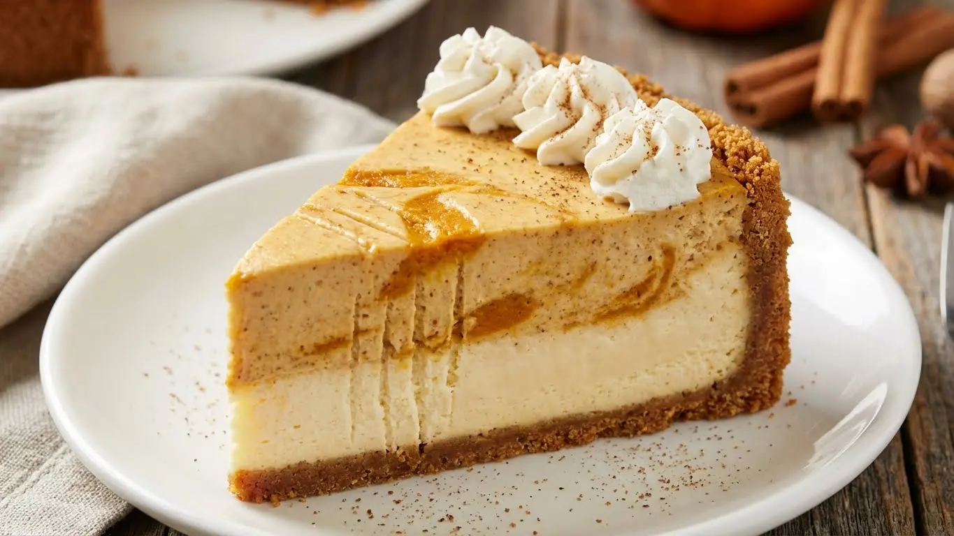 Close-up slice of double-layer pumpkin cheesecake with whipped cream on a white plate.