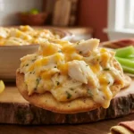 Close-up of a cheesy hot crab dip appetizer served on a crisp cracker