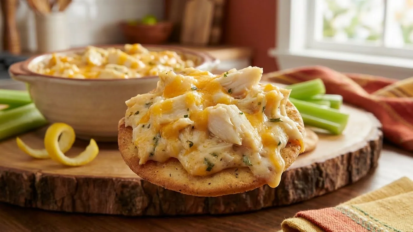 Close-up of a cheesy hot crab dip appetizer served on a crisp cracker