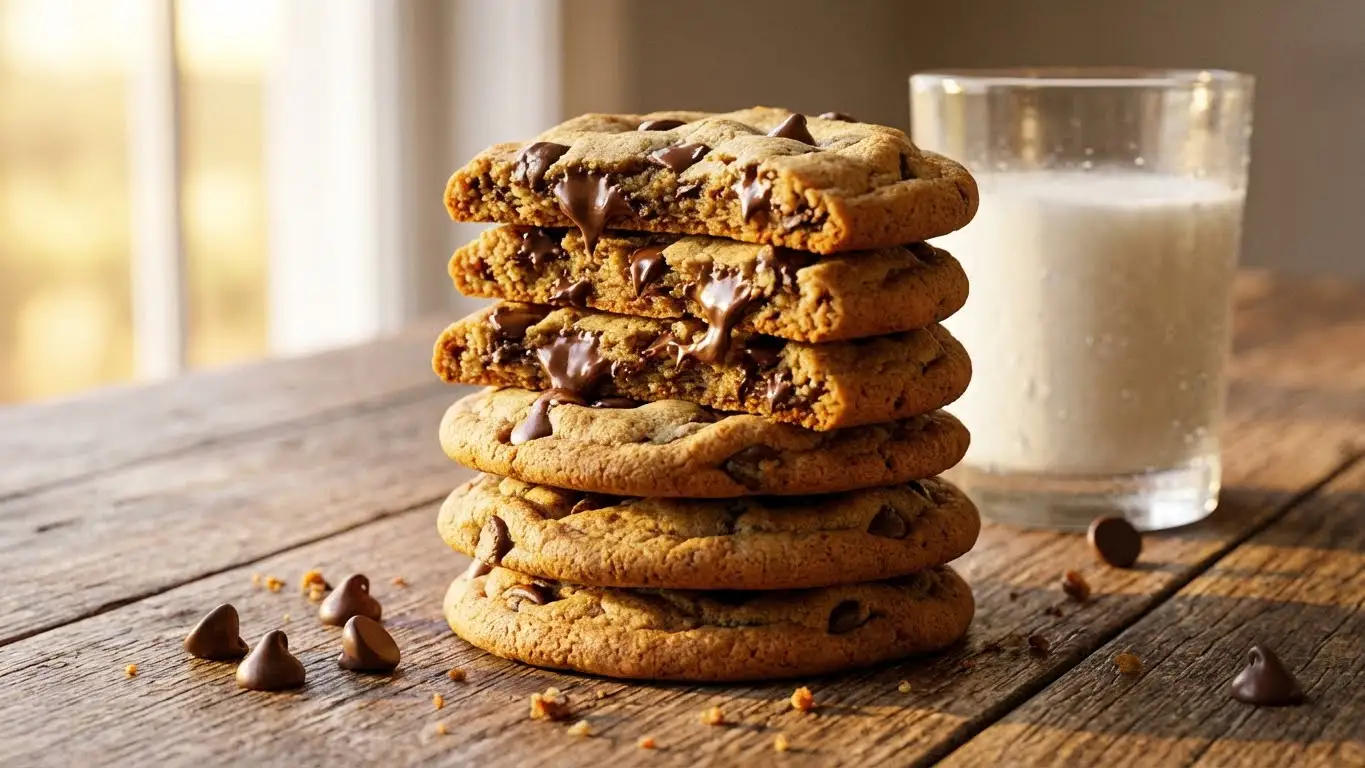 Stack of gooey chocolate chip cookies with a glass of milk on a rustic wooden table
