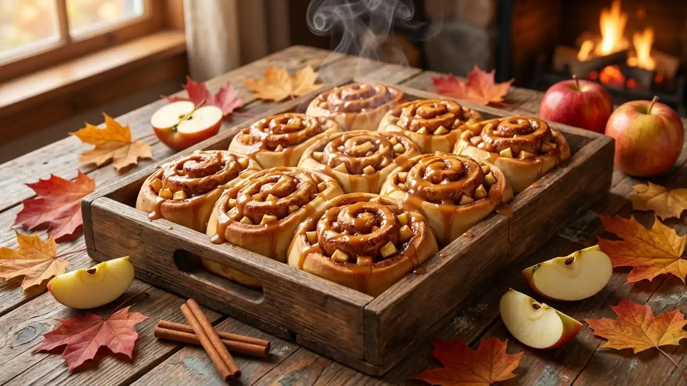 Warm tray of caramel apple cinnamon rolls with steaming caramel glaze, surrounded by apples and autumn leaves on a rustic wooden table.