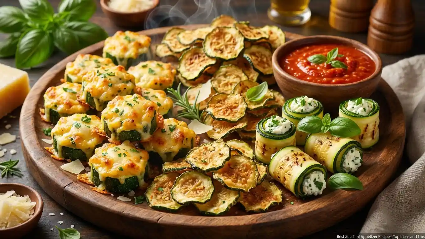 Platter of assorted zucchini appetizers with cheesy baked rounds, crispy zucchini chips, and grilled zucchini roll-ups served with marinara sauce.