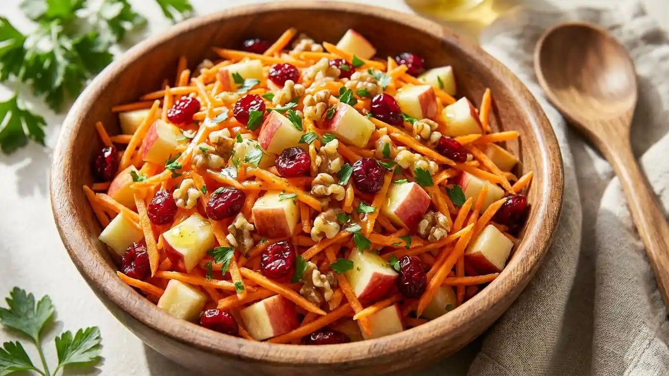 Fresh apple cranberry carrot salad with walnuts in wooden bowl