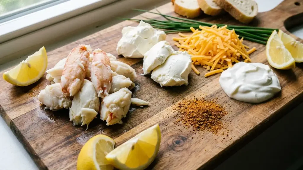 Ultimate Hot Crab Dip Appetizer Guide 1 Fresh ingredients for cheesy hot crab dip arranged on a wooden board
