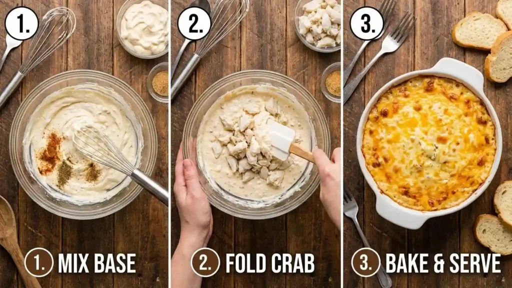 Ultimate Hot Crab Dip Appetizer Guide 2 Step-by-step process for making a cheesy hot crab dip appetizer in three panels