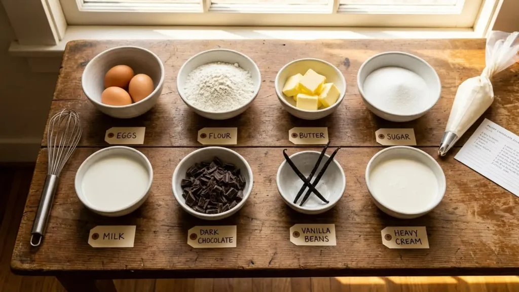 Heart-Shaped Chocolate Éclairs: Romantic Recipe Guide 1 Top-down view of neatly arranged baking ingredients in bowls on a wooden table, labeled eggs, flour, butter, sugar, milk, dark chocolate, vanilla beans, and heavy cream.