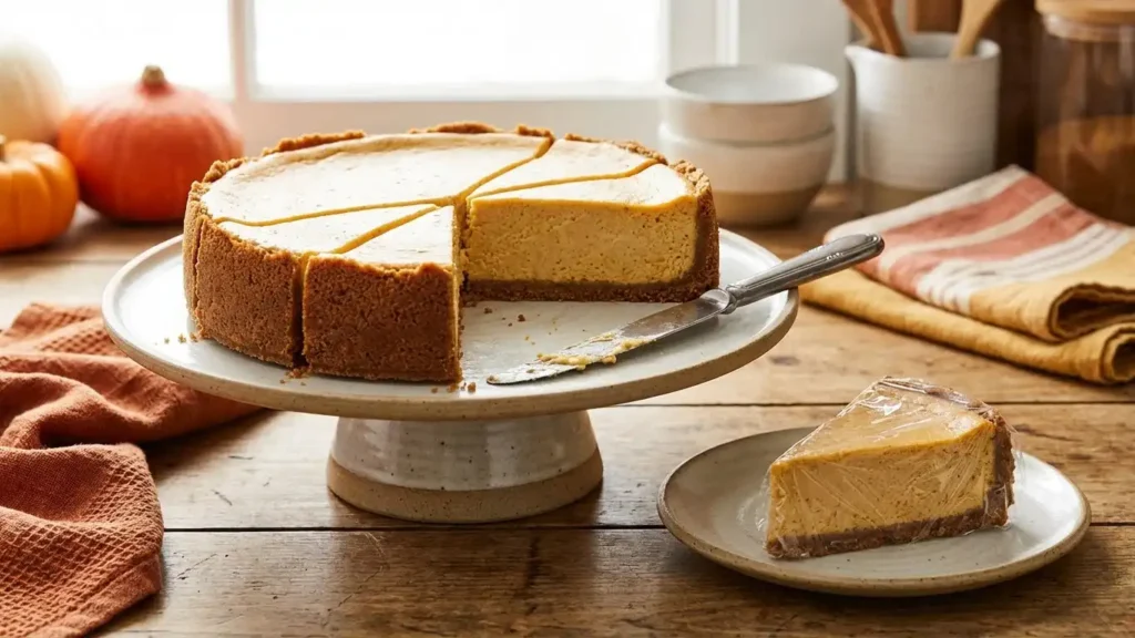 Irresistible Pumpkin Cheesecake Bars with Gingersnap Crust 3 Partially sliced pumpkin cheesecake with gingersnap crust on a cake stand and a wrapped slice on a plate