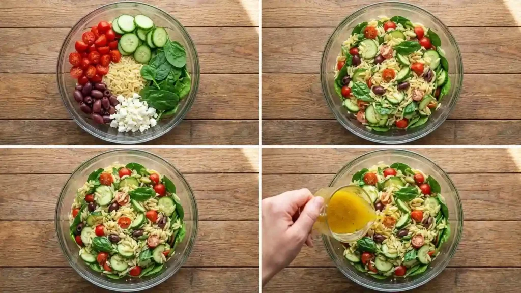 Greek Orzo Salad with Cherry Tomatoes, Olives, Cucumber, Spinach, and Feta! 2 Step-by-step preparation of Greek orzo salad in a glass bowl, from arranged ingredients to tossing with lemon dressing.