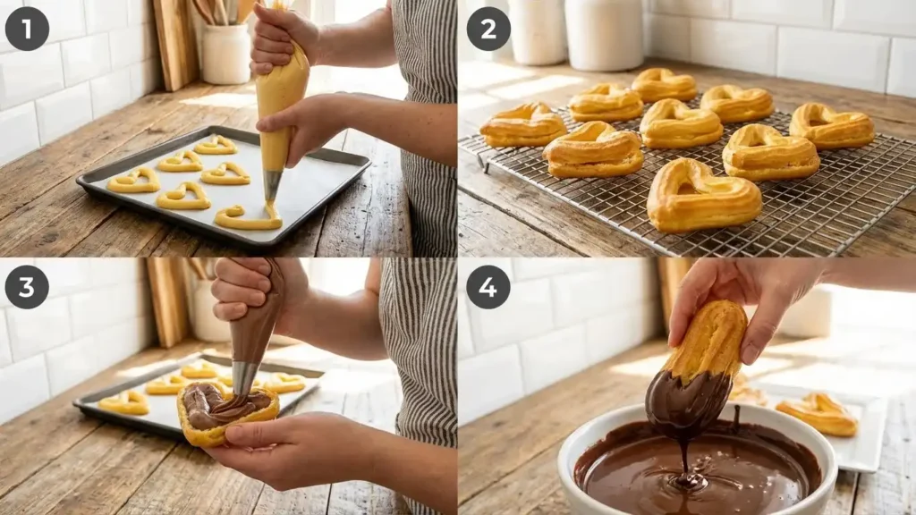 Heart-Shaped Chocolate Éclairs: Romantic Recipe Guide 2 Four-step collage showing the process of making heart-shaped éclairs: piping choux pastry, baked heart shells on a cooling rack, filling with chocolate cream, and dipping in melted chocolate.