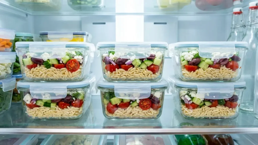 Greek Orzo Salad with Cherry Tomatoes, Olives, Cucumber, Spinach, and Feta! 3 Glass meal prep containers filled with Greek orzo salad neatly stacked in a refrigerator.