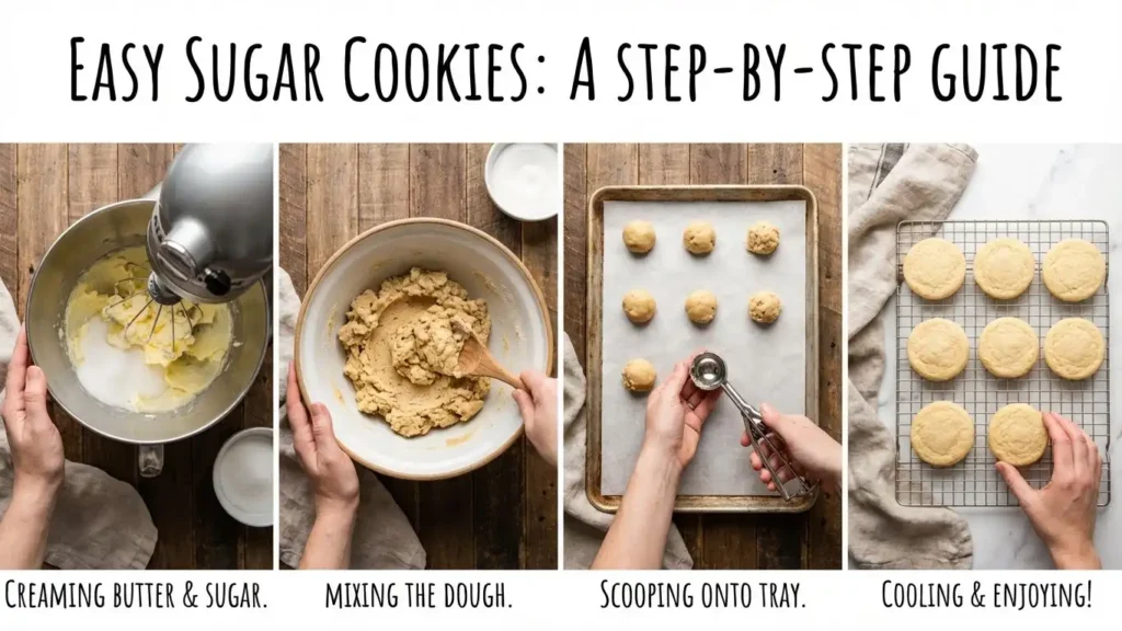 Step-by-step collage showing how to make easy sugar cookies, from creaming butter and sugar to cooling baked cookies on a rack.
