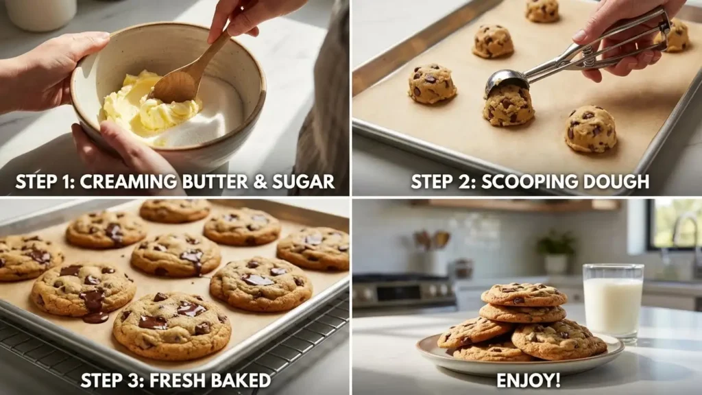 Best Chocolate Chip Cookies 2 Step-by-step collage showing how to make chocolate chip cookies from creaming butter and sugar to enjoying freshly baked cookies with milk