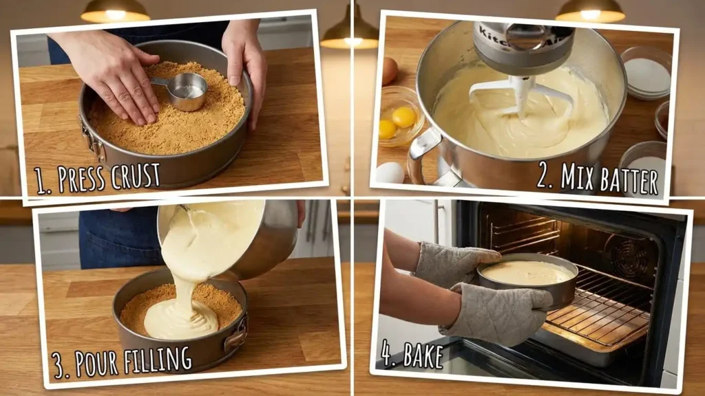 New York-Style Cheesecake: The Ultimate Guide to a Rich, Creamy Classic 2 Step-by-step collage showing how to make New York-style cheesecake: pressing graham cracker crust, mixing batter, pouring filling, and baking in the oven.