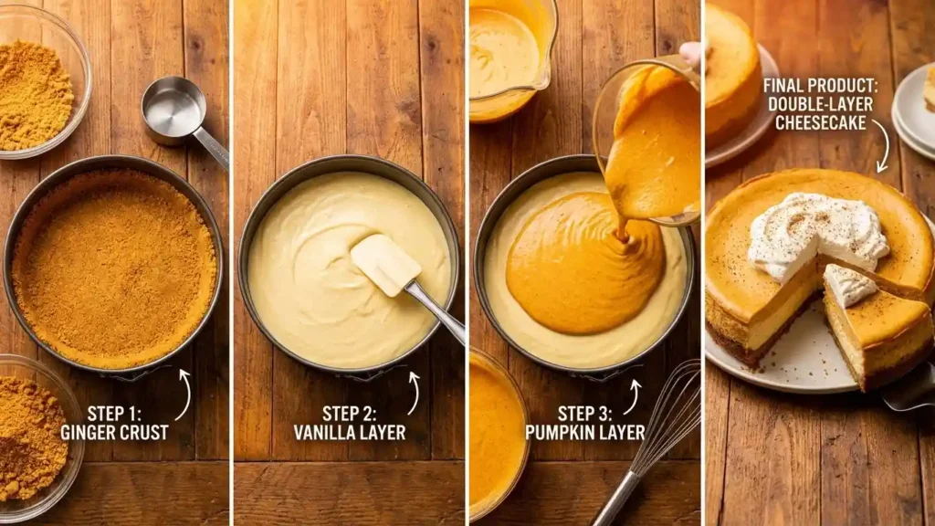 Double-Layer Pumpkin Cheesecake: Easy, Creamy Fall Dessert Recipe 2 Step-by-step process of making a double-layer pumpkin cheesecake from ginger crust to finished cake.