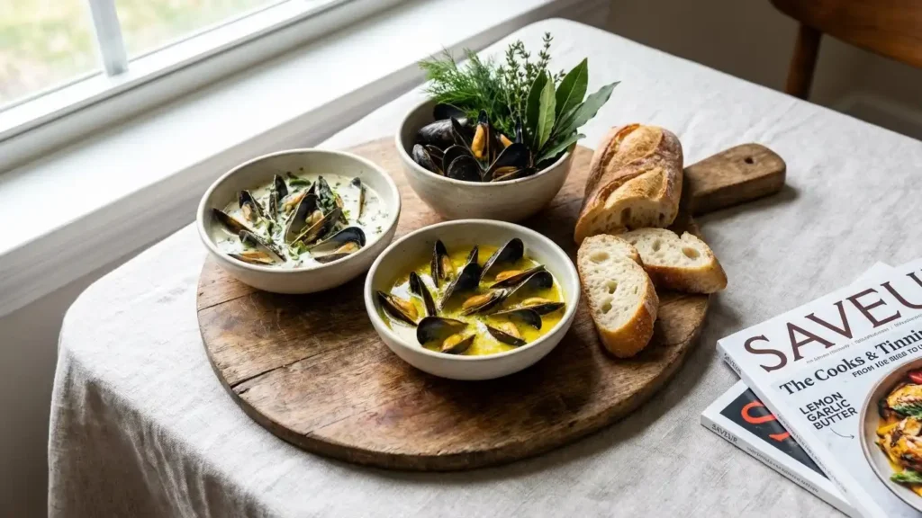 Appetizer Mussels: Delicious Recipes and Ideas 2 Tasting platter with three bowls of appetizer mussels in creamy and buttery sauces, served with sliced baguette on a wooden board.