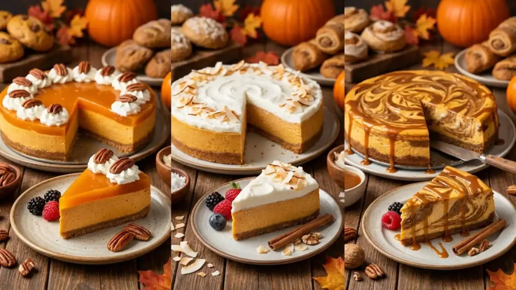 Double-Layer Pumpkin Cheesecake: Easy, Creamy Fall Dessert Recipe 3 Three variations of double-layer pumpkin cheesecakes with different toppings and slices served on plates.