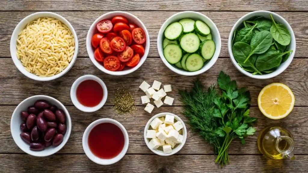 Greek Orzo Salad with Cherry Tomatoes, Olives, Cucumber, Spinach, and Feta! 1 Top view of Greek orzo salad ingredients in bowls, including orzo, cherry tomatoes, cucumber, spinach, olives, feta, herbs, lemon, and olive oil on a wooden table.