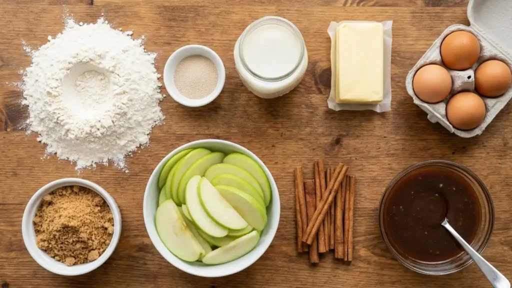 Caramel Apple Cinnamon Rolls 1 Top view of ingredients for caramel apple cinnamon rolls laid out on a wooden table, including flour, sliced green apples, brown sugar, cinnamon sticks, eggs, butter, milk, yeast and caramel sauce.