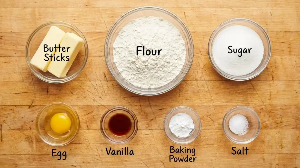 Top-down shot of easy sugar cookie ingredients in labeled glass bowls on a wooden surface.