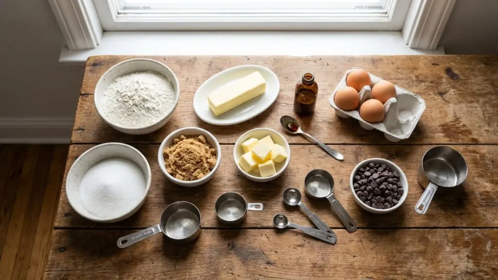 Best Chocolate Chip Cookies 1 Top-down view of classic chocolate chip cookie ingredients on a rustic wooden table