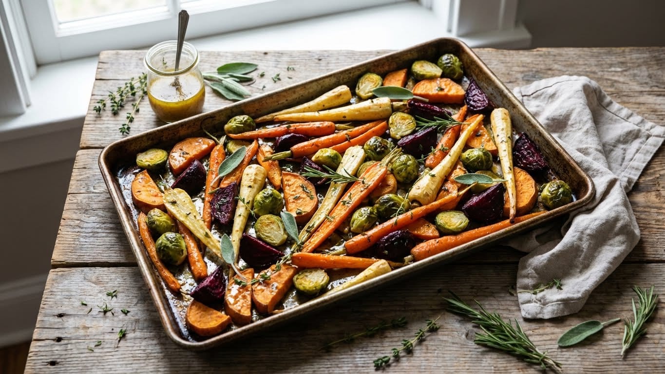 Rustic sheet pan of colorful roasted root vegetables and Brussels sprouts with fresh herbs and a jar of vinaigrette on a wooden table.