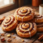Freshly baked cinnamon pastries with icing on a rustic wooden table beside a cup of coffee and cinnamon sticks