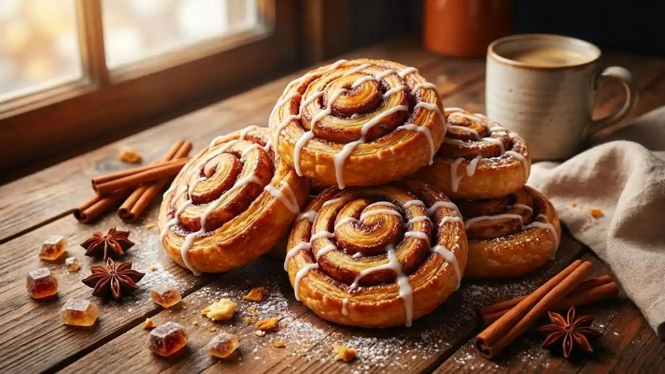 Freshly baked cinnamon pastries with icing on a rustic wooden table beside a cup of coffee and cinnamon sticks